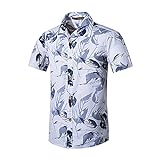 RFEGEF Funky Hawaiihemd Hawaiihemden Für Männer Hawaiian Button Shirts Blaugrauer Blattpflanzendruck Plus Size Coconut Buckle Tops Lässig Schnelltrockenes Kurzarm-Sommerferien-Party-Strandhemd, 4XL