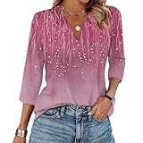 Damen Tshirt Baumwolle 3/4 Arm Oberteile Casual V-Ausschnitt Bluse Oversized Blusentops Elegante Blusen Tops Basic Mode Blusentops Sommer Sportshirt Leicht Luftig Hemdbluse(Red,XXL)