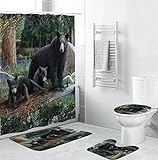 EFTYSDFD Tier Bär Wald Duschvorhang 4-teiliges Set Wasserdichter Duschvorhang Badezimmer Anti-Rutsch-Matte U-förmige Bodenmatte Toiletten-Abdeckmatte 3D-Druck