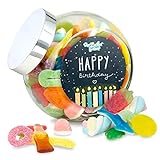 Happy Birthday – bunt gefülltes Schräghalsglas mit leckeren Süßigkeiten, tolle Geschenkidee für Geburtstagskinder
