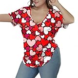 NHNKB Oberteile Damen Kurzarm T-Shirt Sommer Casual V-Ausschnitt Shirt Lässig Loose Valentinstag Herzen Tops