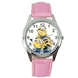 Taport® Quarz-Armbanduhr, Motiv: Minions, mit pinkfarbenem Lederarmband, inklusive Ersatzbatterie und Geschenkbeutel