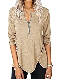 Damen Langarmshirt V-Ausschnitt Halbem Reißverschluss T-Shirt Seite Knopf Oberteile Freizeit Tunika Hemden, Khaki, L
