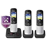 Panasonic KX-TGH723GS Schnurlostelefon mit Anrufbeantworter 3er Set (DECT Telefon, strahlungsarm, Farbdisplay, Anrufsperre, Freisprechen) schwarz