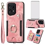 Asuwish Phone Case for Oppo Find X5 Wallet Cover with Tempered Glass Screen Protector and Wrist Strap Lanyard RFID Credit Card Holder Ring Stand Cell Accessories FindX5 5G Multiple 4 Cards Women Pink
