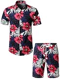 JOGAL Herren Blumen Kurzarm Baumwolle Hawaii Hemd Shorts Set (Marine, XXX-Large)