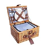 eGenuss Handgefertigtes Picknickkorb für 2 Personen mit Kühlfach, Multifunktionsmesser, Edelstahlbesteck, Porzellanteller und Weingläser | BLAU
