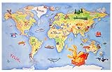 Felix der Hase Kinderteppich mit Weltkarte, Weich und Soft 100x160 cm in Rechteck, Farbe Blau, Öko-Tex zertifiziert, Bildmotiv für Jungen und Mädchen