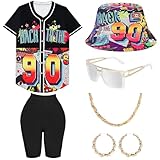 80er 90er Jahre Outfit Damen Yoga Leggings, Hip Hop Lockere Oberteile Fischerhüte Gläser Ohrringe Halskette, Kostüm 80er Jahre Accessoires Baseball Shirt Karneval Mottoparty Bad T