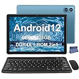 WOZIFAN 10.1' Android 12 Tablet, UMCP(6GB DDR4X 128GB ROM 2 in 1) Ultraglatter Prozessor MTK8183 Octa-Core 2.0 GHz Dual WLAN GPS mit Gehäuse Tastatur Maus für Gaming Arbeit Studium und Spiel-Blau