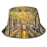 Sonne Fischerhut Unisex Fashion Bucket Hat Summer Fisherman Cap Bridge Over Canal in The Capital of Holland with Trees Cars Bikes Adults 22.5in