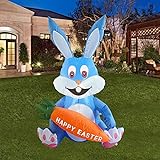 Rock88 Aufblasbarer Osterhase mit LED Licht Niedliches Wasserdichtes Polyester Kaninchen Spielzeug für Haus Garten Hof Party Dekoration Im Freien,Blue,1.2m