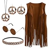 Vesaneae Hippie Kleidung Damen, Hippie Kostüm Damen Set, Damen Disco Outfit, Braun Fransenweste Damen, Damen 70er Hippie Accessoires, Hippy Damen Party Outfi, Hippie Bolero Karneval Faschingskostü