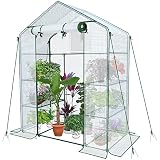 VOUNOT® Gewächshaus Foliengewächshaus, begehbares Gartenhäuschen mit 4 Regalebenen, Tomatenhaus Tomatengewächshaus, Weiß 143x73x195