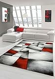Designer Teppich Moderner Teppich Wohnzimmer Teppich Kurzflor Teppich mit Konturenschnitt Karo Muster Rot Grau Weiß Schwarz Größe 60x110 cm