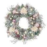 Valery Madelyn 18 Zoll/46 cm Weihnachtskranz für Haustür mit Funkelnde Traumrose und Goldener Kranz mit Kugeln, Weihnachtsriff mit LED Lichtern und Timer-Funktion für Weihnachtsfeiern Dek