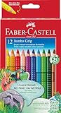 Faber-Castell 110912 - Jumbo Buntstifte Set Grip, 12-teilig, dreikant, bruchsicher, für Kinder und Erwachsene
