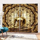 Verdunkelungsvorhang Gardinen Goldene Buddha-Statue Verdunkelungsgardine Dekoschals Vorhänge für Sichtschutz & Sonnenschutz für Wohnzimmer Schlafzimmer Küche （2x60X250cm
