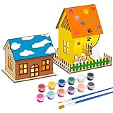 DIY Kunsthandwerk Bausatz für Kinder, 2 Stück Basteln HolzHaus Mit LED Lämpchen zu Bauen und Malen, Holz haus Puzzle Machen Set, Spielsets gibt für Kinder Jungen Mädchen