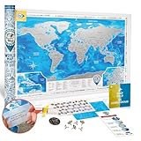 DMap factory™ Weltkarte zum Rubbeln XXL – 88 x 62 cm – Silber, mit Zubehör und Geschenkröhre, detaillierte Regionen – Scratch-off Map, Travel Map, Reisek