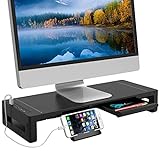VOOPII Schreibtisch-Monitorständer mit Schublade, Breitenverstellbarer Bildschirmerhöhung, Laptop-und PC Monitor Standfuss mit USB3.0-Datenanschluss und Type-C-Ladeanschluss