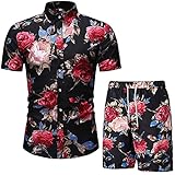 Wossei Herren Kurzarm Hawaii Hemd Shorts Set Sommer Tshirt Blumen Bluse Strandshorts T-Shirt Kurz Hose Anzug Freizeitkleidung für Männer(Schwarz,M)