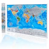 2Maps Weltkarte zum Rubbeln mit Flaggen - Weltkarte Dimensionen  84x57 cm - Blau Reisekarte mit Löschbarer Silberfolie - die Karte ist in einer Geschenkbox Verpackt