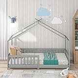 Hausbett Kinderbett 90 x 200 cm (ohne Matratze), Vollholz mit Zaun und Lattenrost, mit Rausfallschutz für Kinder- und Jugendzimmer, grau
