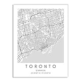 RIQWOUQT Stadtplanen Poster,Toronto City Map Schwarz-Weiß-Druck Wandkunst Leinwand Malerei Nordic Poster Wohnzimmer Wohnkultur,40 * 60Cm