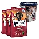 Happy Dog Africa Aktion 3 x 4 kg + 20 Liter Futtertonne inklusive Deckel - Stets frisch und leicht zu tragen und zu lagern. Getreidefrei, nur Strauß als Protein
