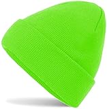 Hatsatar Unisex warme Beanie Strickmütze | Wintermütze für Damen & Herren | Feinstrick Mütze doppelt gestrickt | warm & weich (neon grün)