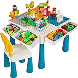 Bausteine Spieltisch,Kindertisch und Stuhl Set mit 130 Stücke Blocks, Platte, Kompatibel mit Große Bausteine Set,6 in 1 Schreibtisch, Geschenk für Jungen und Mädchen, Wasser /Sand /Zeichnen /Essen
