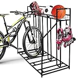 Sanheshun Fahrradständer, 4 Fahrradständer, Mit Ablagekorb und 4 Haken, für Garagenlagerung, für Berg, Hybrid, Kinderfahrräder, Indoor-Outdoor-Räder und Sportlager
