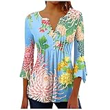 Sale Angebote Longshirt Damen Elegant Tunika 3/4 Ärmel V-Ausschnitt Shirt Lässige Oberteile Schön Blumen Druck Bluse Knopfleiste Plissiert T-Shirt Streetwear S