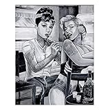 Schwarz Weiß Marilyn Monroe Und Audrey Hepburn Portrait Leinwand-Malerei Wandkunst Tattoo Rauchen Frauen Poster Und Drucke Wohnkultur Bilder Für Schlafzimmer, Wohnzimmer, Rahmenlos,70×90cm