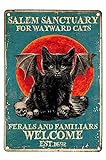 Hexen-Dekor für Schlafzimmer, Salem Sanctuary For Wayward Cats Ferals And Familiars Welcome Black Cat Printable Wall Art Wicked Witch Halloween Art Vintage Metal Signs Funny 20,3 x 30,5 cm