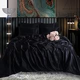 ROOEE Satin-Seide-Bettwäsche-Set, 6-teilig, Spannbettlaken, Bettbezug, 4 Kissenbezüge, Farbe: Schwarz, Größe Super King S