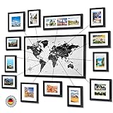 BenHill Weltkarte & Bilderrahmen Set | Bilderrahmen Collage mit Weltkarte zum Pinnen | Wanddeko für Weltenbummler | Bilderwand Set mit Rahmen und Karte | Reise Geschenk