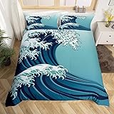 richhome Ukiyo Ozean-Bettwäsche-Set, 3-teilig, japanischer Stil, Meereswelle, Bettdeckenbezug, sehr weich, für Kinder, Teenager, Erwachsene, Blau, Doppelbett-Größe