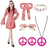 Hippie D11 6PCS Hippie Kostüm Damen, 60er 70er Jahre Outfit Damen, Hippie Stirnband+Haarband+Brille+Halskette+Ohrringe, Disco Outfit Hippie Accessoires Damen, Damen Kleid für Karneval Party