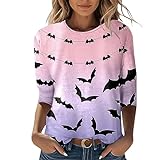 Damen-T-Shirt mit Aufschrift „Happy Halloween“, Bedruckt, 3/4-Ärmel, O-Ausschnitt, Bluse Oberteil Silber Damen (Pink, XXL)