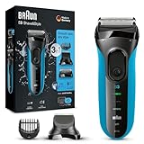 Braun Series 3 Rasierer Herren, 3-in-1-Elektrorasierer, Barttrimmer mit 5 Kammaufsätzen, wiederaufladbarer und kabelloser elektrischer , 30 Min Laufzeit, Wet&Dry, Geschenk Mann, 3010BT, blau