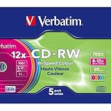 Verbatim CD-RW 700 MB, 5er Pack Slim Case bunt, CD Rohlinge beschreibbar, 52-fache Brenngeschwindigkeit mit langer Lebensdauer, leere CDs, Audio CD Rohling rewritable, CD