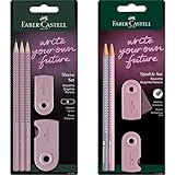Faber-Castell 217063 - Bleistifte Set Sleeve, mit Spitzer, Radiergummi und 3 Bleistifte, Schreibset Grip 2001 rose shadows & 218480 - Bleistiftset Sparkle, zwei Bleistifte Mine B, rose/dapple grey