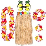 6er Hawaii Hula Set – Hawaii Kostüm Damen mit Bastrock, Hawaii Kette Blumen und Ananas Brille – Wähle aus Natur- oder Buntem Rock – Hawaii Outfit Damen