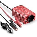 BESTEK 300W Kfz Wechselrichter 12v 230v Spannungswandler Autoladegerät (2 USB: 5V/4.8A, 24W Insgesamt) Umwandler mit 1 Paar Klemmen und Zigarettenanzünder Stecker, Rot