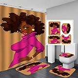 Moderne Mode Afrikanische Frau Vierteilig Duschvorhang WC Vorleger rutschfeste Matte Badteppich Schnell Trocknend und Schön (120x180cm, Rosa)