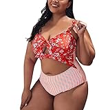 Xmiral Damen Einteiliger Badeanzug Bedruckter Sexy Rückenfreier Bademode Mit Bogenknoten Und Verstellbare Schultergurte (Rot, 4XL)