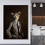 YCHND Wandbilder Wohnzimmer Vintage Leopard Kopf Tier Gentleman Leinwand GemäLde Bild Und Kunstdrucke Leinwand Poster Wohnzimmer Wand Bilder Dekor 60x100cm Rahmenlos