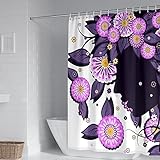 Aotiwe Duschvorhang Textil Elegant, Lange Duschvorhang Lila Blumen und Blatt Muster Polyester 180X180cm